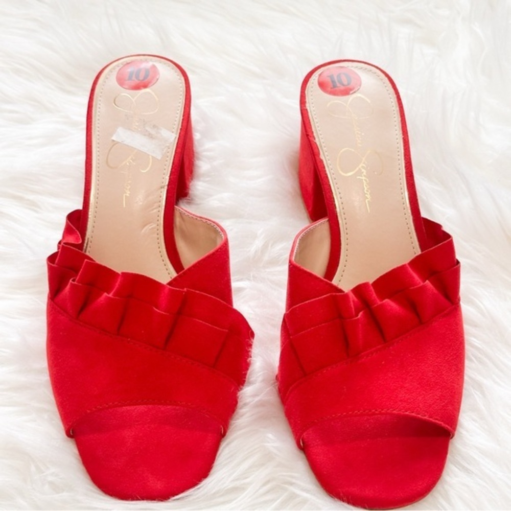 Jessica Simpson Red Satin Ruffle Slip-On Mules